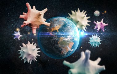 Dünya 'nın etrafındaki 3 boyutlu virüs. Bu görüntünün elementleri NASA tarafından desteklenmektedir