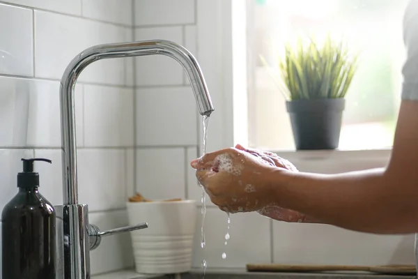 Asian Man Washing Hand Soap Prevent Coronavirus Covid — Stok Foto