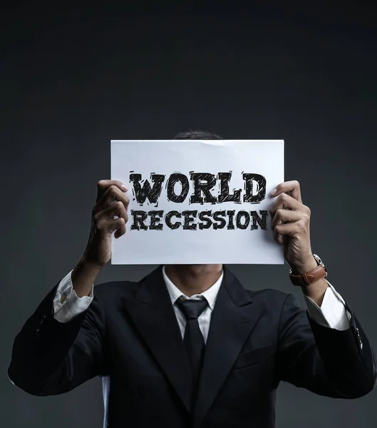 Businessman Holding Paper Covering His Face World Recession Text — Stock Photo, Image