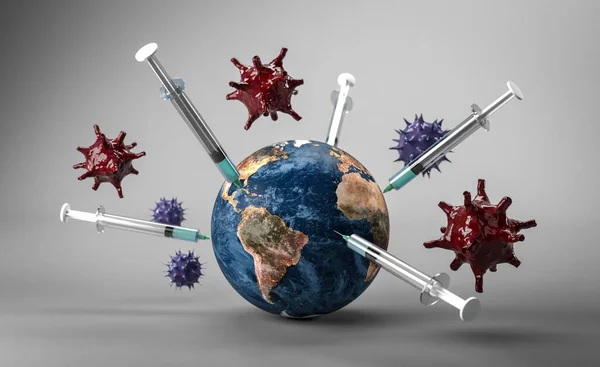 地球获得多种疫苗来对抗日冕病毒 3D渲染 — 图库照片