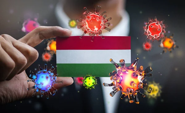 Ιός Της Κορόνας Γύρω Από Σημαία Της Ουγγαρίας Έννοια Πανδημία — Φωτογραφία Αρχείου