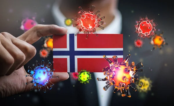 Norveç Bayrağı Etrafındaki Corona Virüsü Ülkede Kavramsal Salgın — Stok fotoğraf