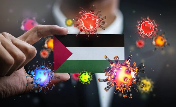 Wirus Korony Wokół Flagi Palestyny Koncepcja Wybuchu Pandemii Kraju — Zdjęcie stockowe