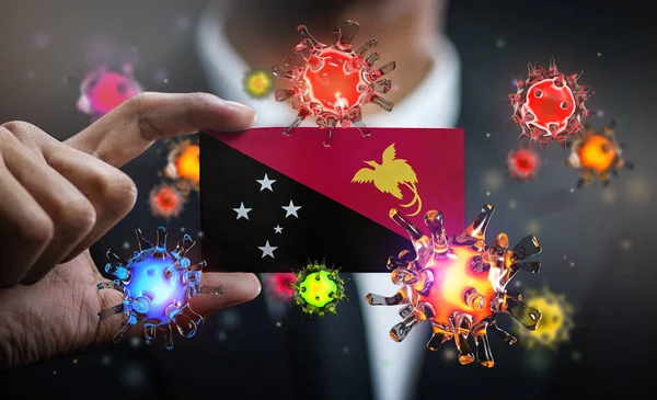 在巴布亚新几内亚国旗周围的Corona病毒 国家大流行病概念爆发 — 图库照片