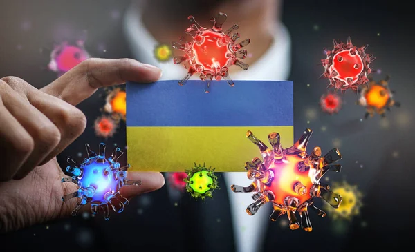 乌克兰国旗周围的Corona病毒 国家大流行病概念爆发 — 图库照片