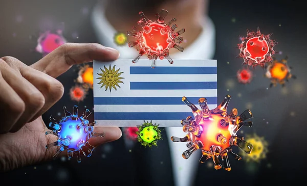 Corona Virus Rond Uruguay Vlag Concept Pandemische Uitbraak Het Land — Stockfoto