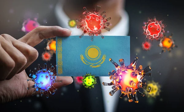 Vírus Corona Torno Bandeira Cazaquistão Conceito Surto Pandemia País Imagens Royalty-Free