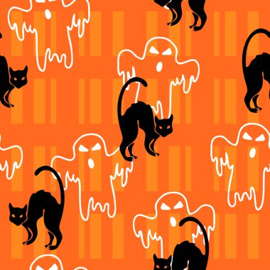 Ghost and scared  black cat on orange