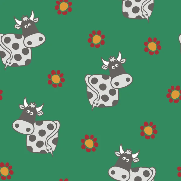 Бесшовный векторный рисунок с коровами на зеленом фоне. Простой дизайн обоев животных. Пятнистая серая корова и цветы . — стоковый вектор