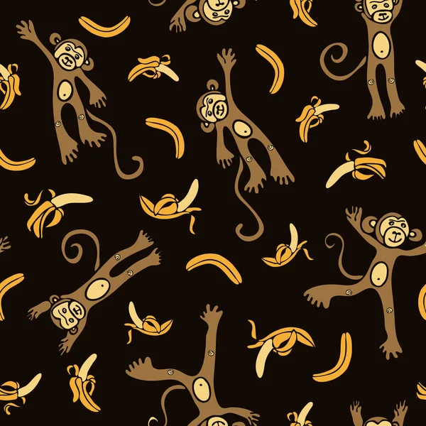 Patrón vectorial divertido mono sin costuras con plátanos sobre fondo negro. Ideal para niños tela, papel pintado, textil . — Vector de stock