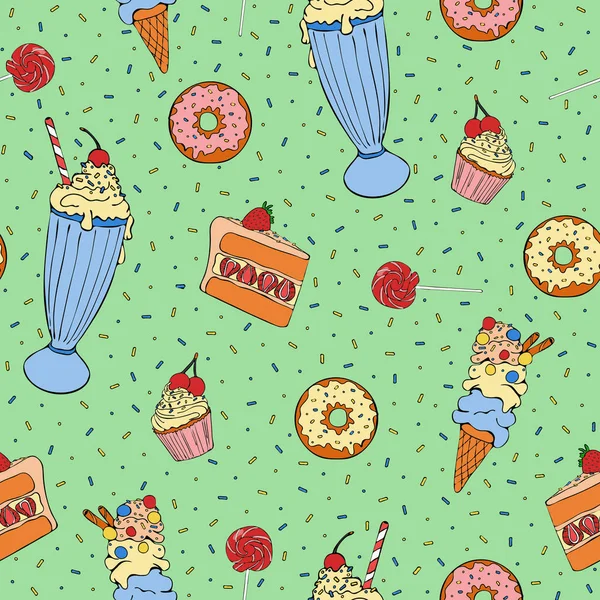 Patrón de vector sin costuras con pasteles sobre fondo azul. Cupcake, batido y diseño de papel tapiz de helado. Comida dulce divertida tela de cocina . — Archivo Imágenes Vectoriales