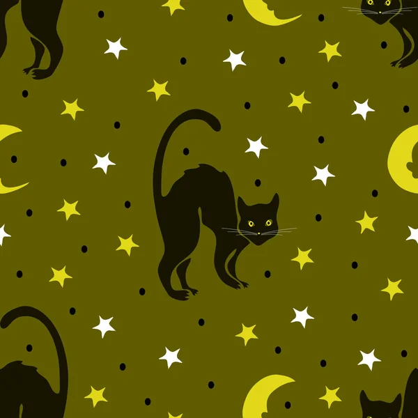 Padrão vetorial sem costura com gatos pretos em fundo verde. Lua e estrelas repetir papel de parede. Noite de Halloween —  Vetores de Stock