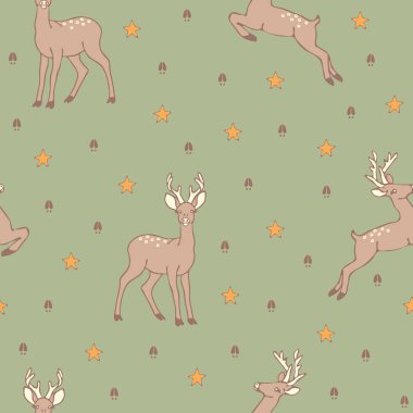 Geyik ve yıldızlı kusursuz vektör deseni. Açık yeşil üzerinde hayvan ayak izi duvar kağıdı tasarımı. 