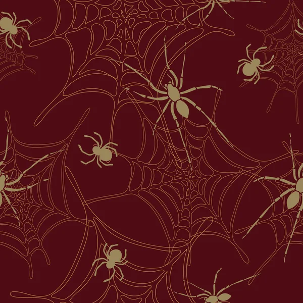 어두운 붉은 배경에 거미와 거미줄 이 있는 바 다 없는 벡터 패턴입니다. 곤충 벽지를 사용하여 기어다니는 소름끼치는 타란툴라. — 스톡 벡터