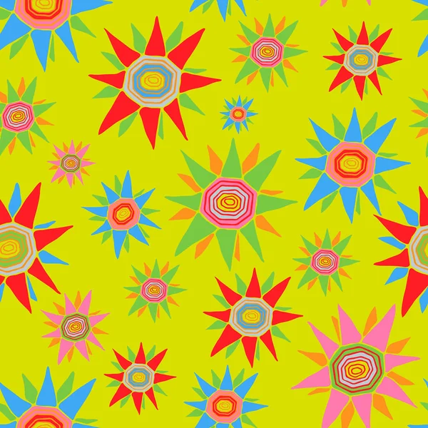 Padrão de vetor sem costura com flores em fundo amarelo brilhante. Hippie festivo repetir papel de parede. Design de festival de verão . — Vetor de Stock