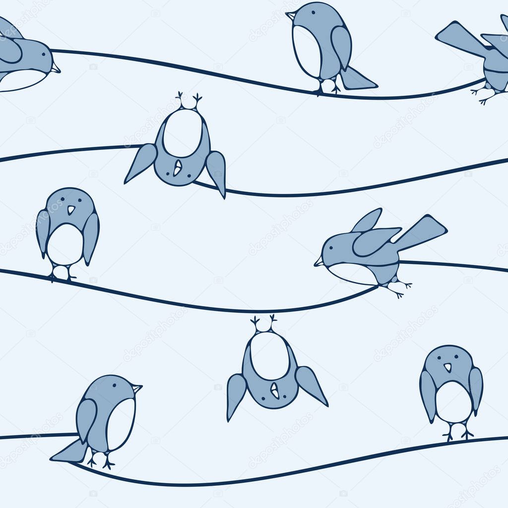 Seamless vector pattern with bluebirds on line. Cute funny hand drawn birds wallpaper design for children. Simple fashion textile print.