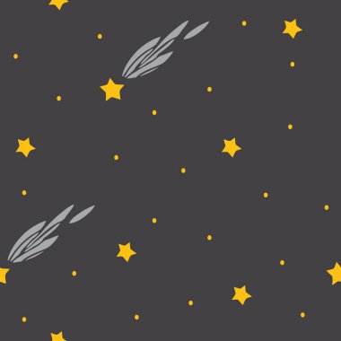 Gri zemin üzerinde kayan yıldızlar ve noktalar olan kusursuz bir vektör deseni. Çocuklar için basit duvar kağıdı tasarımı. 
