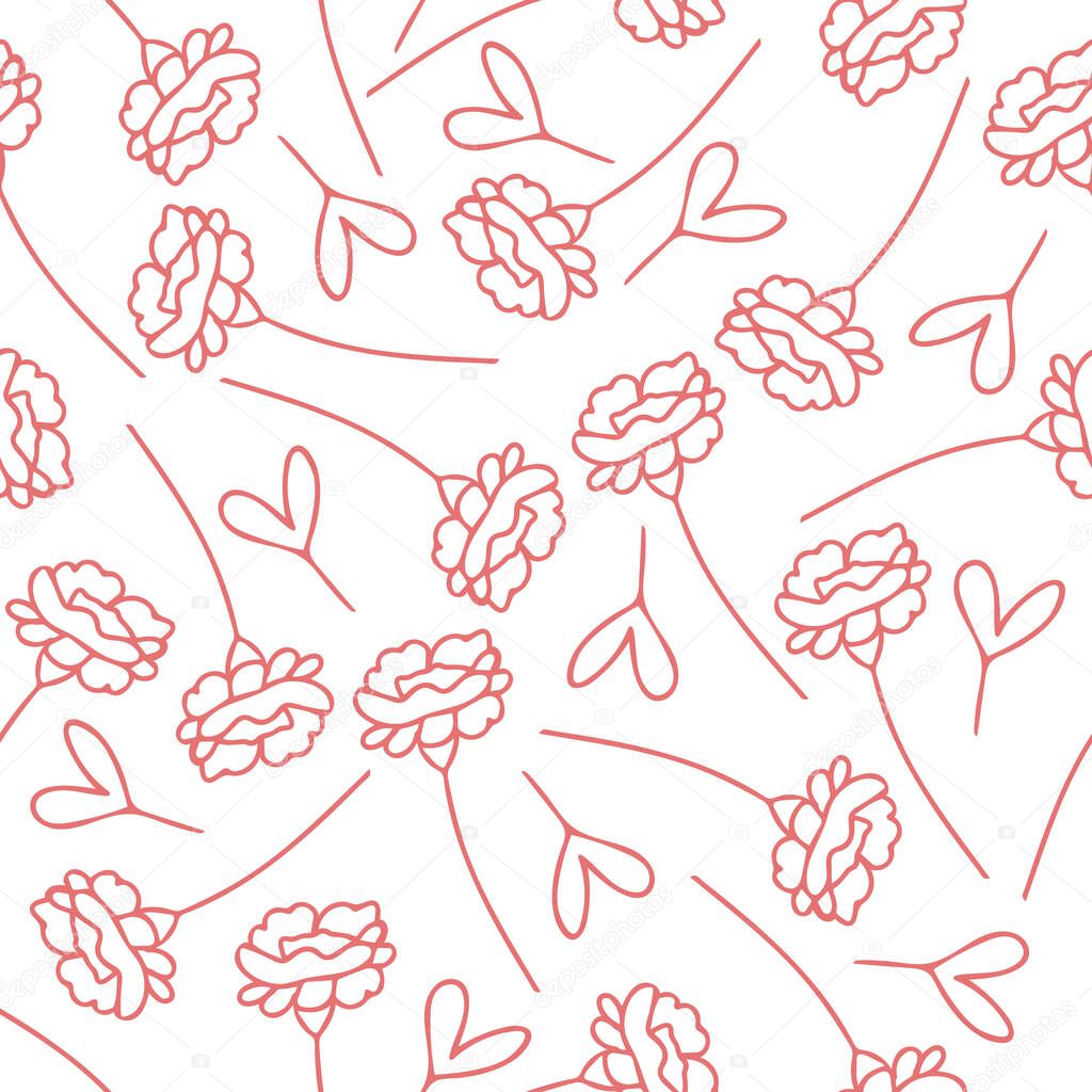 Seamless vector pattern with outlined flowers and harts on white background. Romantic floral wallpaper. Perfect background for wedding or party invitation, summer or spring banner, card, poster, etc.