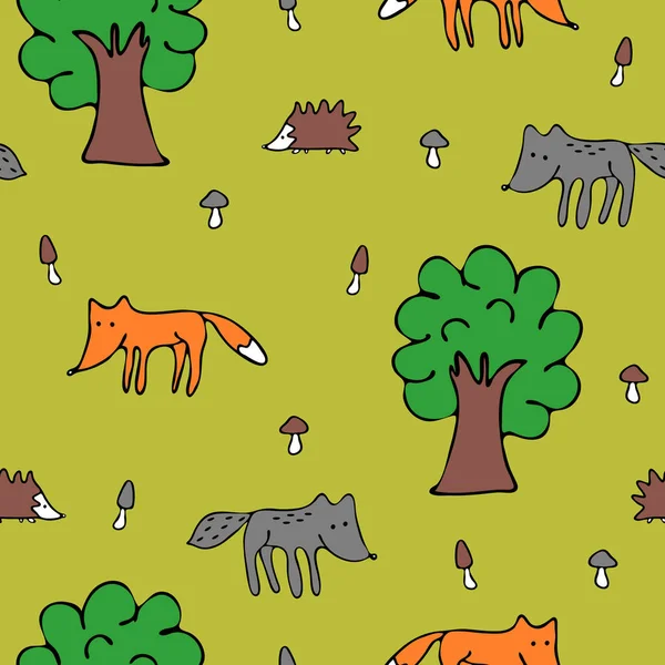 Бесшовный Векторный Рисунок Лесными Животными Зеленом Фоне Дети Обои Дизайн — стоковый вектор