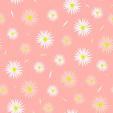 Pembe arka planda papatya olan kusursuz vektör deseni. Basit bir duvar kağıdı tasarımı. Kız çiçekleri moda fayanslarını tekrarlar.