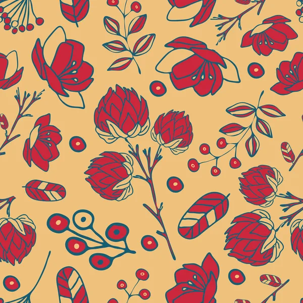 Nahtloses Vektormuster Mit Roten Blüten Und Beeren Auf Hellrosa Hintergrund — Stockvektor