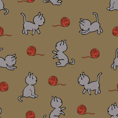 Kahverengi arka planda kırmızı iplikle oynayan komik gri kedi yavrularının kusursuz vektör deseni. Kedilerin eğlendiği basit bir duvar kağıdı tasarımı..