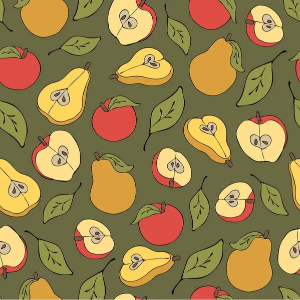 Бесшовный Векторный Рисунок Яблоками Грушами Зеленом Фоне Простой Дизайн Обоев — стоковый вектор