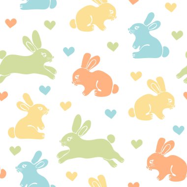 Beyaz arka planda renkli Paskalya tavşanları olan kusursuz bir vektör deseni. Sevimli tavşan ve aşk kalpleri. Pastel renklerde duvar kağıdı tasarımı..