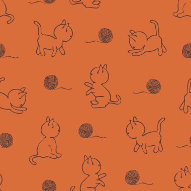 Kahverengi arka planda iplik yumağıyla oynayan komik çizgi film kedilerinin kusursuz vektör deseni. Paslı turuncu kedi duvar kağıdı tasarımı.