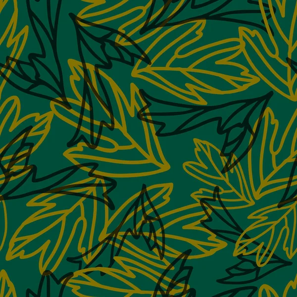 Nahtloses Vektormuster Mit Umrissenen Blättern Auf Grünem Hintergrund Einfache Abstrakte — Stockvektor