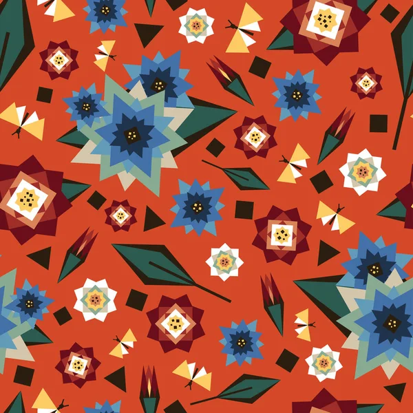 Naadloze Vector Patroon Met Geometrische Bloemen Oranje Achtergrond Vintage Bloemen — Stockvector