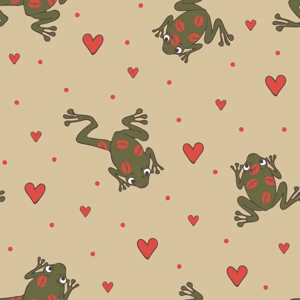 개구리와 사랑의 분홍색 배경에 패턴이죠 발렌타인데 디자인 키스하는 개구리 동물의 — 스톡 벡터