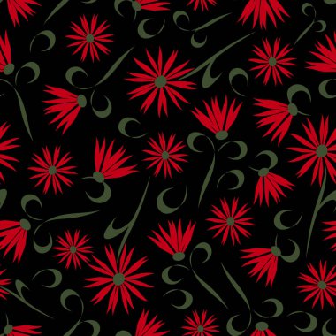 Siyah arka planda kırmızı çiçekli kusursuz vektör deseni. Papatyalı çiçek duvar kağıdı tasarımı..
