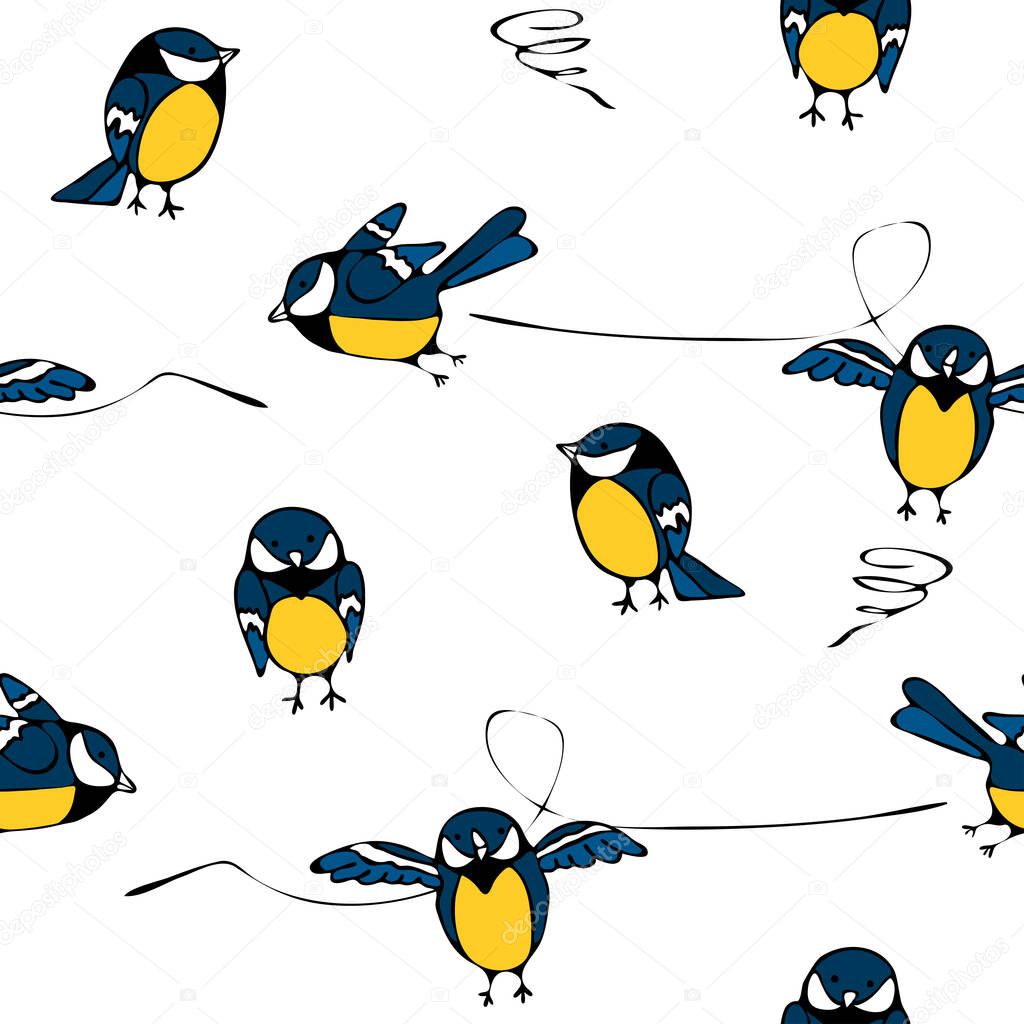 Seamless vector pattern with tit birds having fun on white background. Simple cartoon bluebirds repeat wallpaper design. 