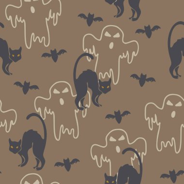 Gri arka planda korkmuş kara kedi ve hayalet olan kusursuz bir vektör deseni. Yarasalarla ideal cadılar bayramı duvar kağıdı tasarımı.