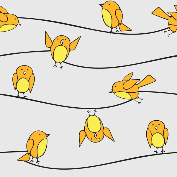 Patrón Vectorial Sin Costuras Con Pájaros Amarillos Línea Simple Lindo — Archivo Imágenes Vectoriales