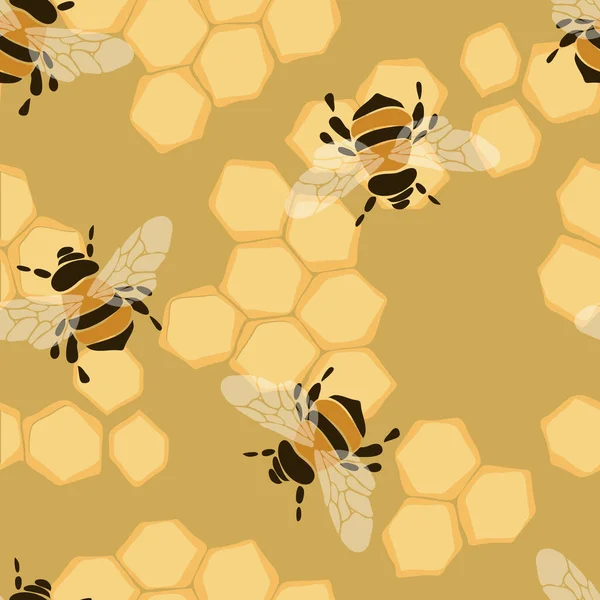 Seamless Vector Pattern Bees Honeycomb Beige Background Cute Bumblebee Wallpaper — Stock Vector