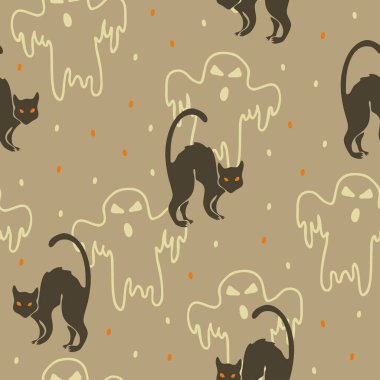 Açık gri arka planda korkmuş siyah kedileri ve hayaletleri olan kusursuz bir vektör deseni. Şirin Cadılar Bayramı duvar kağıdı tasarımı.