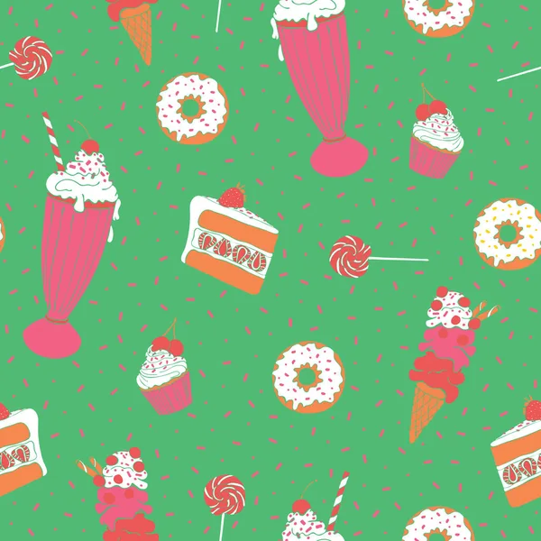 緑色の背景にアイスクリーム カップケーキ ドーナツとシームレスなベクトルパターン 甘い食べ物とおいしい壁紙のデザイン — ストックベクタ