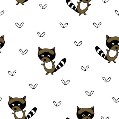 Beyaz arka planda rakunlar olan kusursuz vektör deseni. Çocuklar için hayvan duvar kağıdı tasarımı. Çizgi film tarzı bebek rakun..