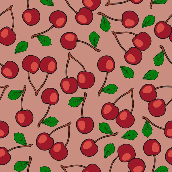 Бесшовный Вектор Повторяет Рисунок Спелыми Красными Вишневыми Ягодами Листьями Розовом — стоковый вектор