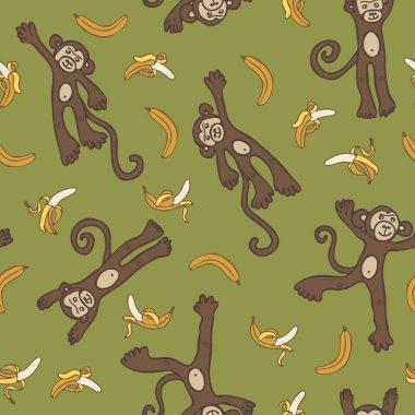 Yeşil arka planda muzlu ve komik maymunlu kusursuz vektör deseni. Çocuklar için şirin hayvan duvar kağıdı tasarımı. 