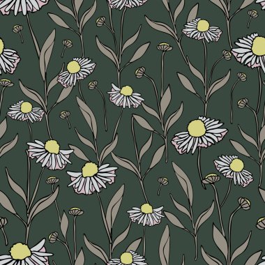 Yeşil arka planda papatya çiçekleri olan kusursuz vektör deseni. Papatya çiçekli klasik duvar kağıdı tasarımı.