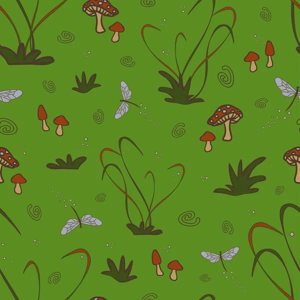 Nahtloses Vektormuster Mit Pilzen Und Libellen Auf Grünem Hintergrund Zauberhafte — Stockvektor