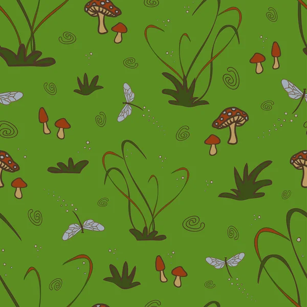 Motif Vectoriel Sans Couture Avec Champignons Libellules Sur Fond Vert — Image vectorielle