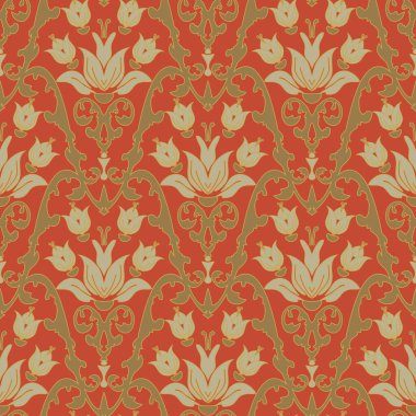 Beyaz zambaklar ve paslı turuncu arka planda yapraklarla kusursuz vektör deseni. Çiçekli klasik kraliyet duvar kağıdı tasarımı.