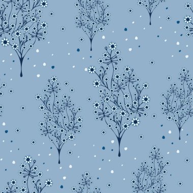 Çiçek açan mavi ağaçlarla kusursuz vektör deseni. Güzel orman arka planı. Kış duvar kağıdı tasarımı.