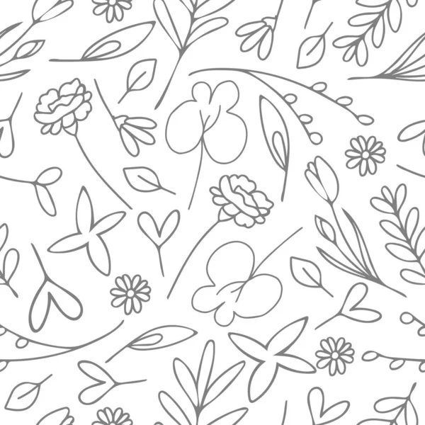 Nahtloses Vektormuster Mit Blüten Und Blättern Auf Weißem Hintergrund Einfache — Stockvektor