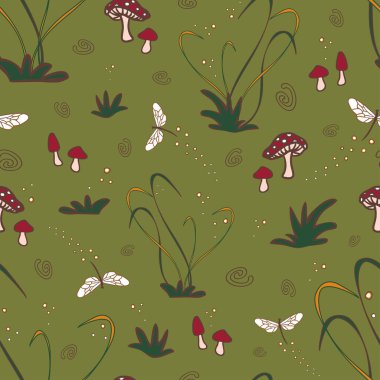 Yeşil arka planda sihirli yusufçuk ve mantarlı kusursuz vektör deseni. Çocuklar için peri masalı duvar kağıdı tasarımı.