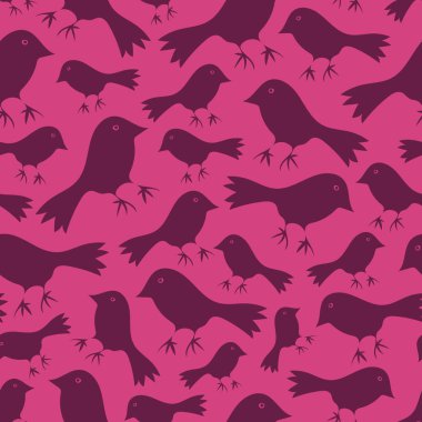 Mor arka planda kuş siluetleri olan kusursuz vektör deseni. Sevimli hayvan duvar kağıdı tasarımı.